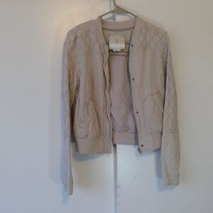 Cream Leather Bomber Jacket with Vintage Look